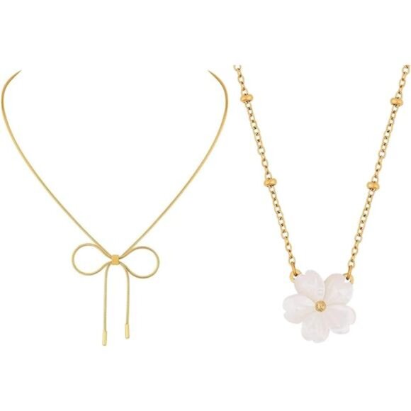 Dainty Bow & Flower Necklace | Coquette Aesthetic Pendant | Cute Jewelry Gift - Picture 3 of 7